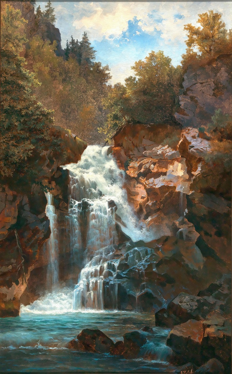 a painting depicting a waterfall cascading through a rugged, rocky landscape. lush green trees and foliage surround the waterfall, which flows into a clear stream. the sky is visible through the treetops, with sunlight breaking through the clouds. the scene evokes a sense of peace and tranquility in a natural wilderness setting.