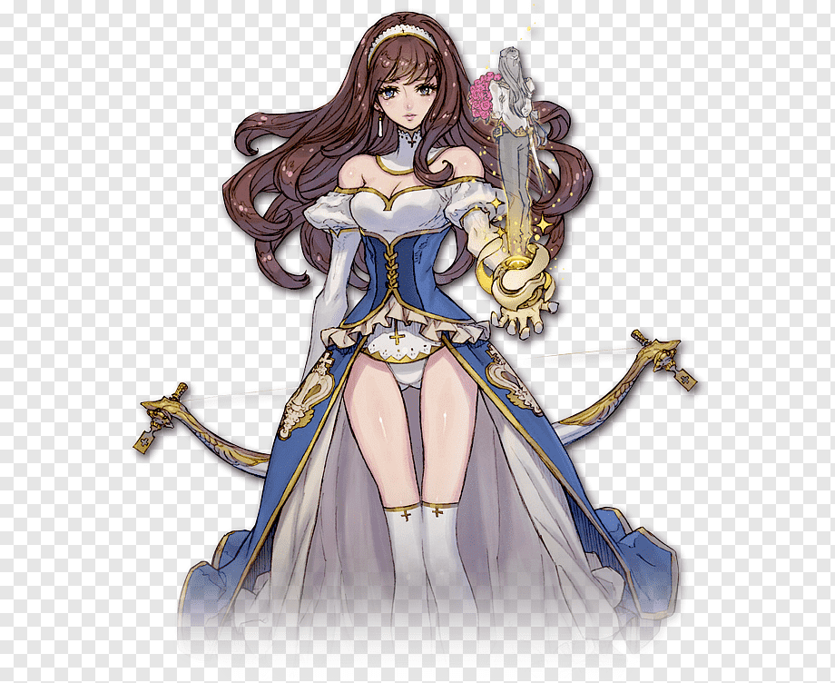 the image illustrates a female character, likely from an anime or manga, designed as a fantasy archer. she has long, flowing brown hair and wears an elaborate white and blue dress with gold accents.  she holds a glowing golden bow in her right hand, poised for action, and a quiver of arrows is strapped to her back. her attire and pose suggest a confident and powerful warrior.