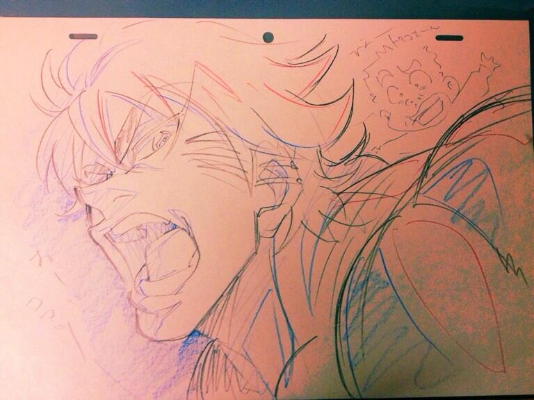 the image is a handdrawn animation cel of a man with spiky hair yelling with his mouth wide open. it is a closeup, profile shot. the drawing is done in pencil on a light pink paper and accented with blue and red colored pencils. there is japanese text above the man's head and to the left of his face.
