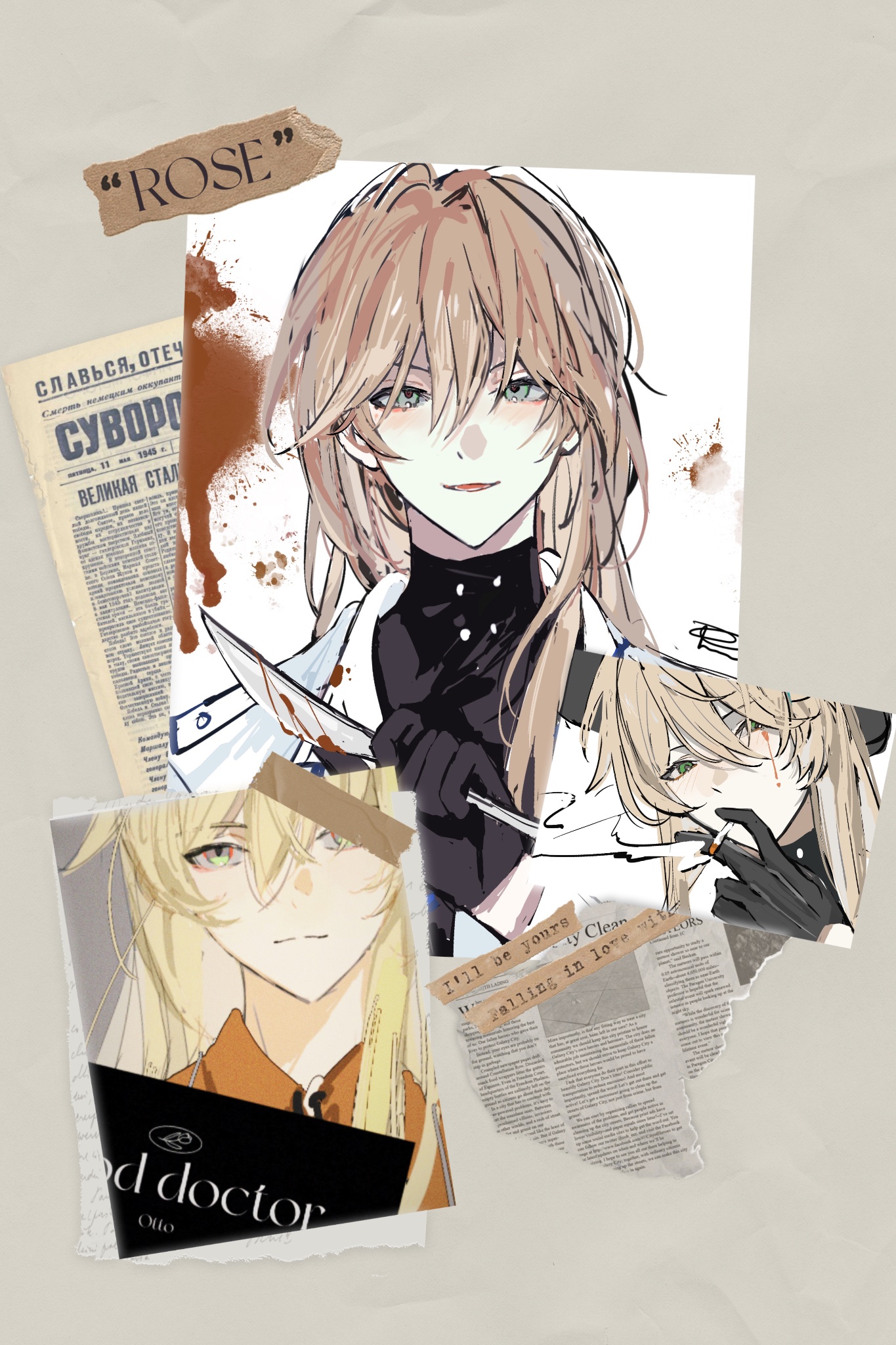 the image is a collage of different anime illustrations, with a vintage and dark aesthetic. the main character is a blondehaired anime girl in a white lab coat, holding a bloody knife and smiling. another image of a blondehaired boy in a lab coat is shown, smoking a cigarette. the images are surrounded by scraps of paper with text in russian and english, giving the image a mysterious and spooky vibe.