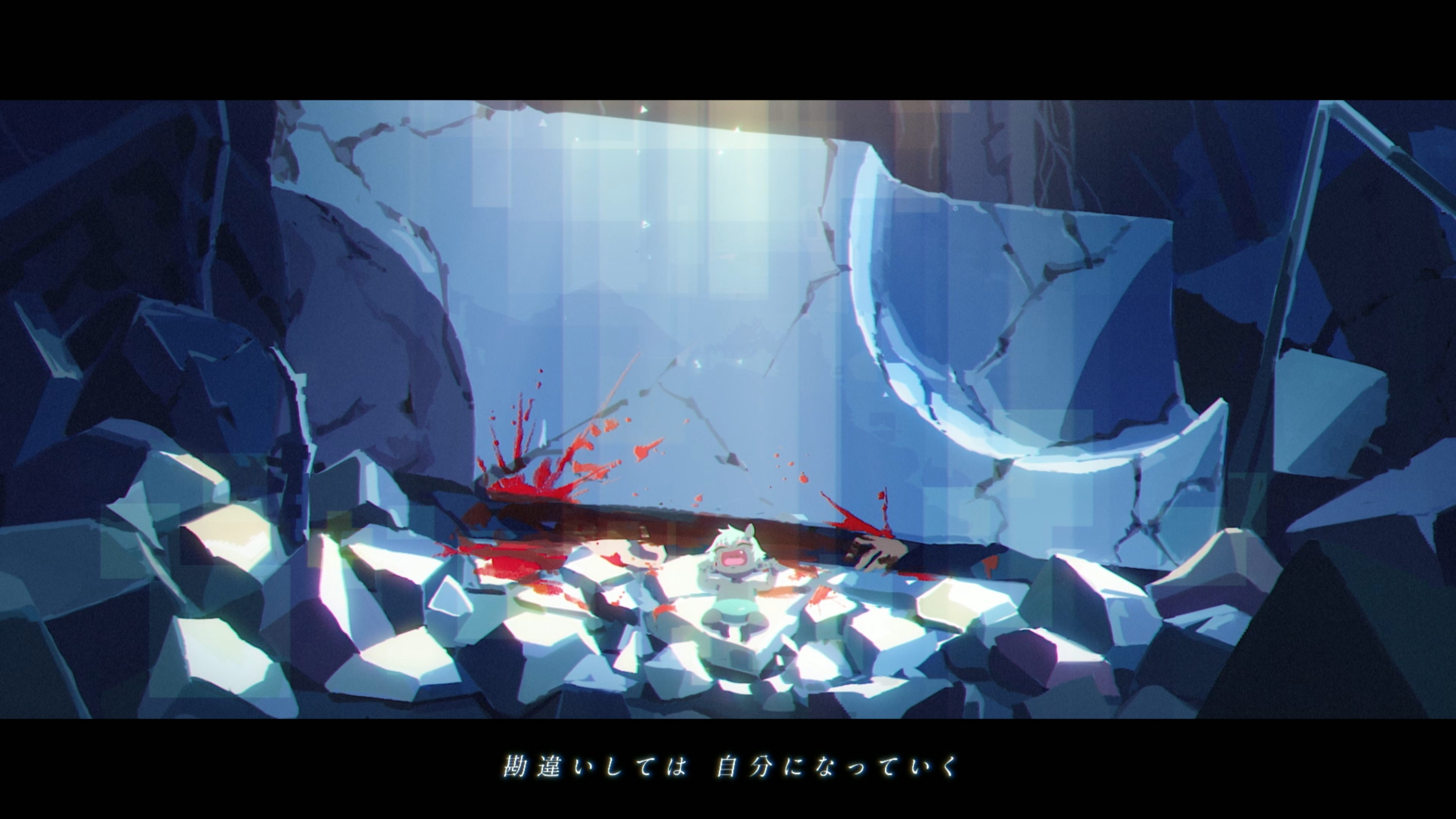 the image depicts a tragic scene within a cave. a small figure, presumably injured or deceased, lies amidst shattered blue crystals and rubble. blood stains the ground around them, illuminated dramatically by beams of light piercing the darkness. the low angle and contrasting lighting create a sense of despair and loss. the blue and white color palette further enhances the somber atmosphere. the image suggests a struggle and defeat, leaving a lasting impact on the viewer.