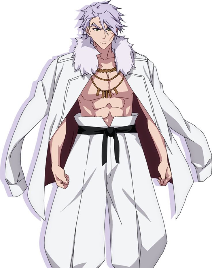 the image shows an anime male character standing in a serious pose. he has long white hair, is wearing a white coat with a fur collar, a necklace, a black belt, white pants, and is looking to the side. the image is drawn in anime style.
