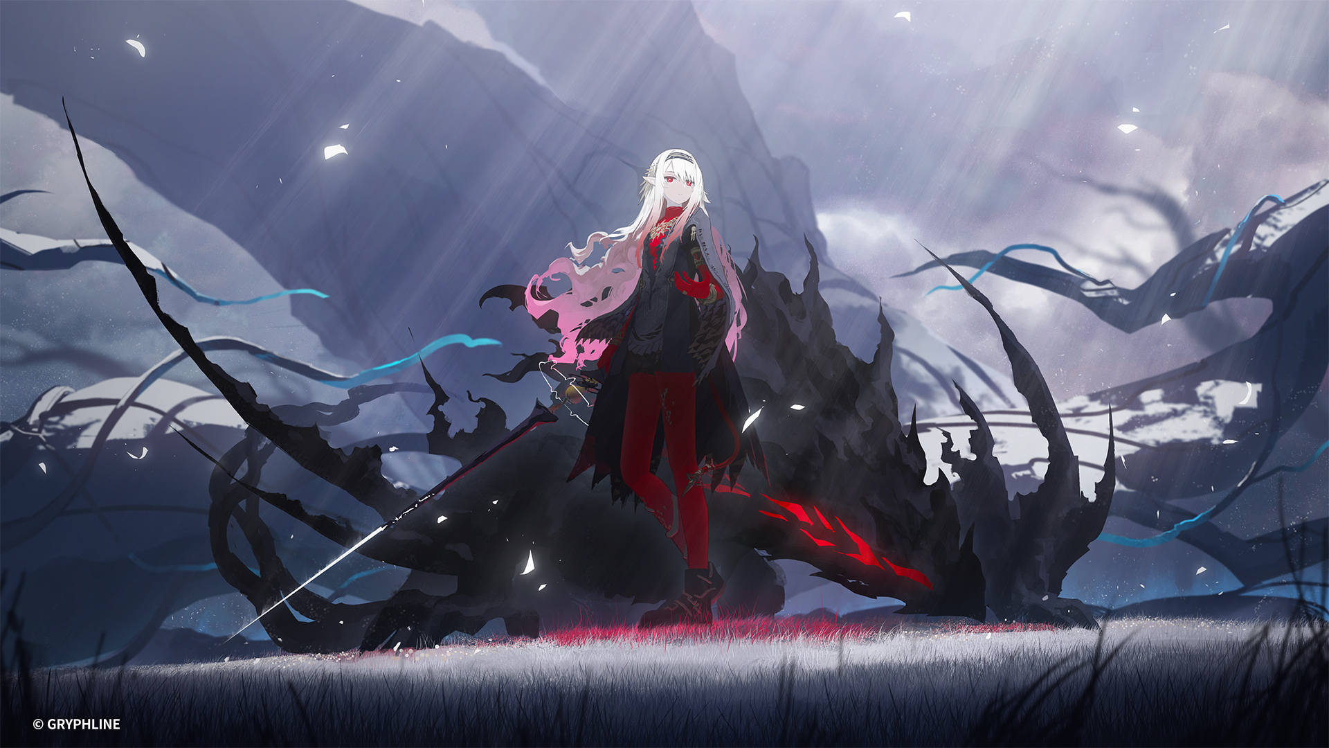 a whitehaired woman with a red sword stands in a snowy mountainous battlefield with black tendrils swirling around her. she is wearing a black and red outfit and has a determined look on her face. the scene is lit by a bright light source behind her, creating a dramatic silhouette.
