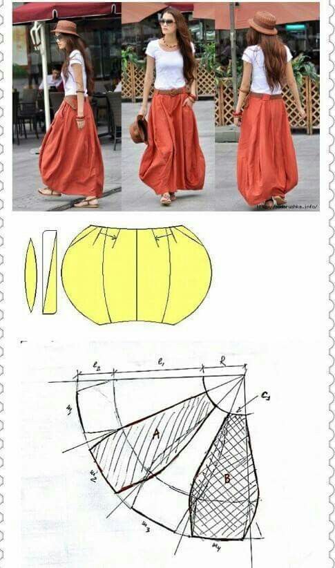 the image shows a fashion sewing pattern for a skirt. the top section features photos of women wearing a long, reddishorange skirt. below are diagrams, first a simple yellow outline showing the basic shape of the skirt and additional pieces, and then a technical drawing with dimensions and lines outlining pattern pieces labeled "a" and "b".