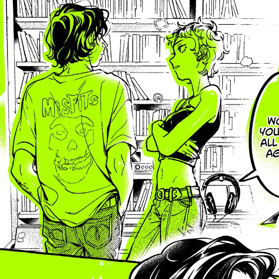 the image is a black and white manga panel with selective color.  it features two young people in a tense conversation. the young man, wearing a misfits tshirt, has his back to the viewer. the young woman, arms crossed and brows furrowed, faces him. the only elements in color are the two figures and a speech bubble, all in a vibrant green. the background, a bookshelf and part of a record player, remains black and white, drawing focus to the characters and their interaction.