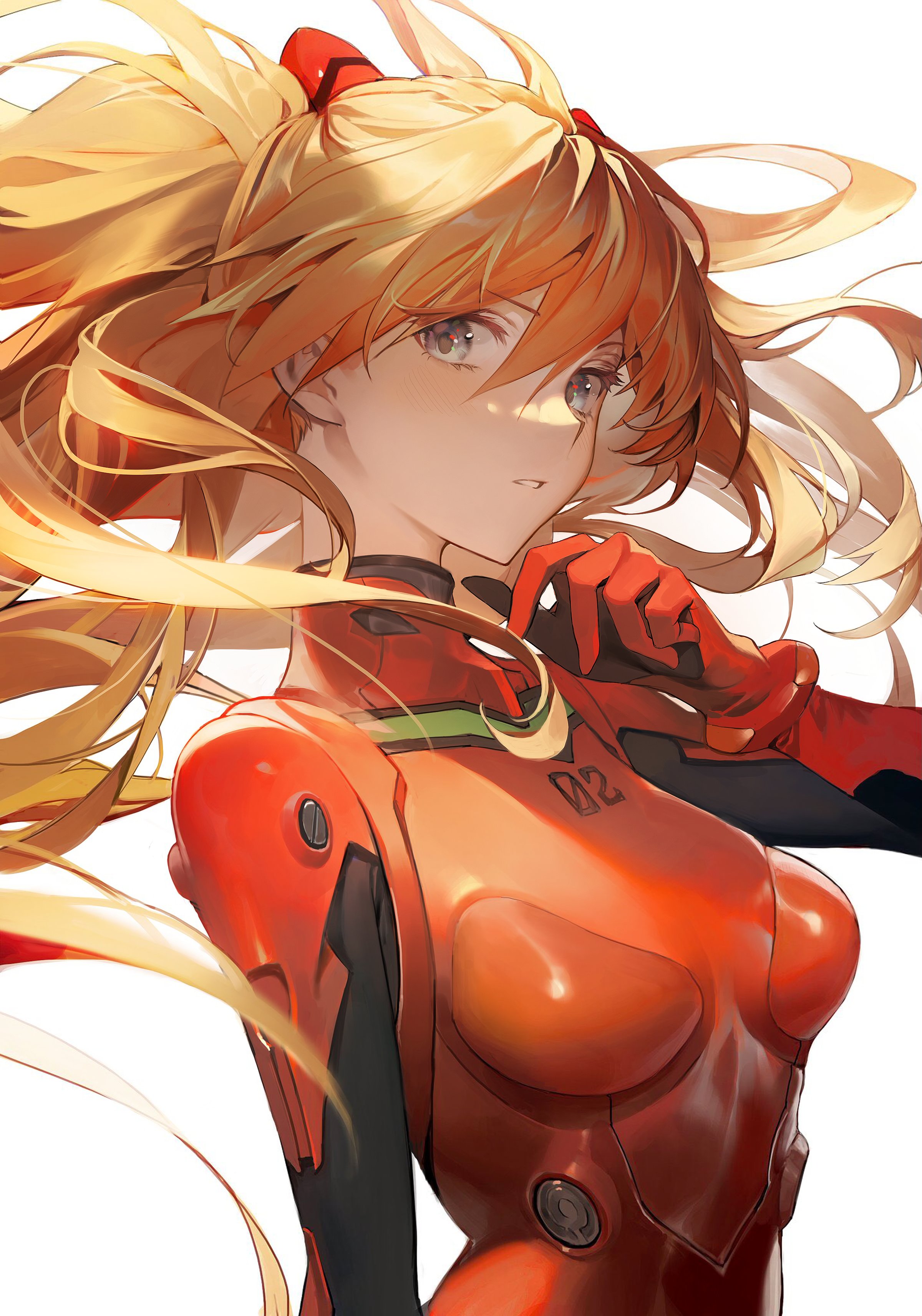 a drawing of the character asuka langley soryu from the anime evangelion, wearing her red plugsuit. she has long orange hair styled in pigtails, and is looking off to the side with a thoughtful expression. her plugsuit is detailed with various panels and designs, and has the number "02" on the chest. the background is plain white.