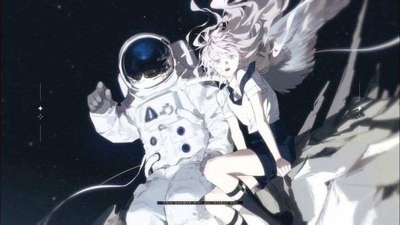 a digital anime illustration of an astronaut and an angel girl in the vastness of space.  the astronaut, wearing a detailed white spacesuit, reaches out as if in motion. his gaze is hidden behind the visor, adding an element of mystery. beside him, an angel girl with long, flowing white hair and ethereal white wings gazes at the viewer with a gentle, melancholic expression. her attire, a white blouse and dark skirt, contrasts with the astronaut's futuristic suit.  the background is a captivating scene of a starry expanse, suggesting they are perched on a celestial body, possibly an asteroid. the art style is ethereal and romantic, marked by soft lighting and a harmonious blend of cool and warm tones.