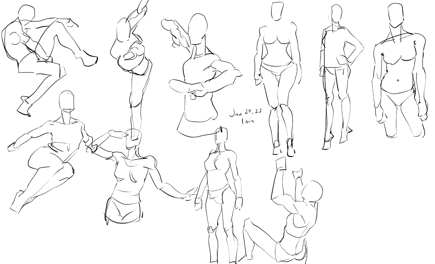 he image contains a collection of quick figure sketches, likely done as a practice exercise.  the sketches vary in pose and perspective, showing figures in different actions and positions.  many are female figures, some are male.  the style is loose and gestural, focusing on capturing the movement and overall form rather than precise detail.  the figures are simplified, with little to no facial features and minimal clothing details, allowing the focus to remain on the body's structure and pose.  the notation "jan 20, 25 1min" suggests these were 1minute sketches created on january 20th (possibly 2025).