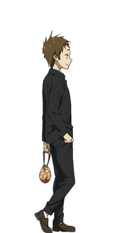 an animestyle male character with brown hair and brown eyes is standing with his head turned to the side, smiling. he's wearing a black, buttonedup jacket and matching black pants. a small, light brown bag with a darker brown polka dot pattern hangs from his hand. the background is entirely white.