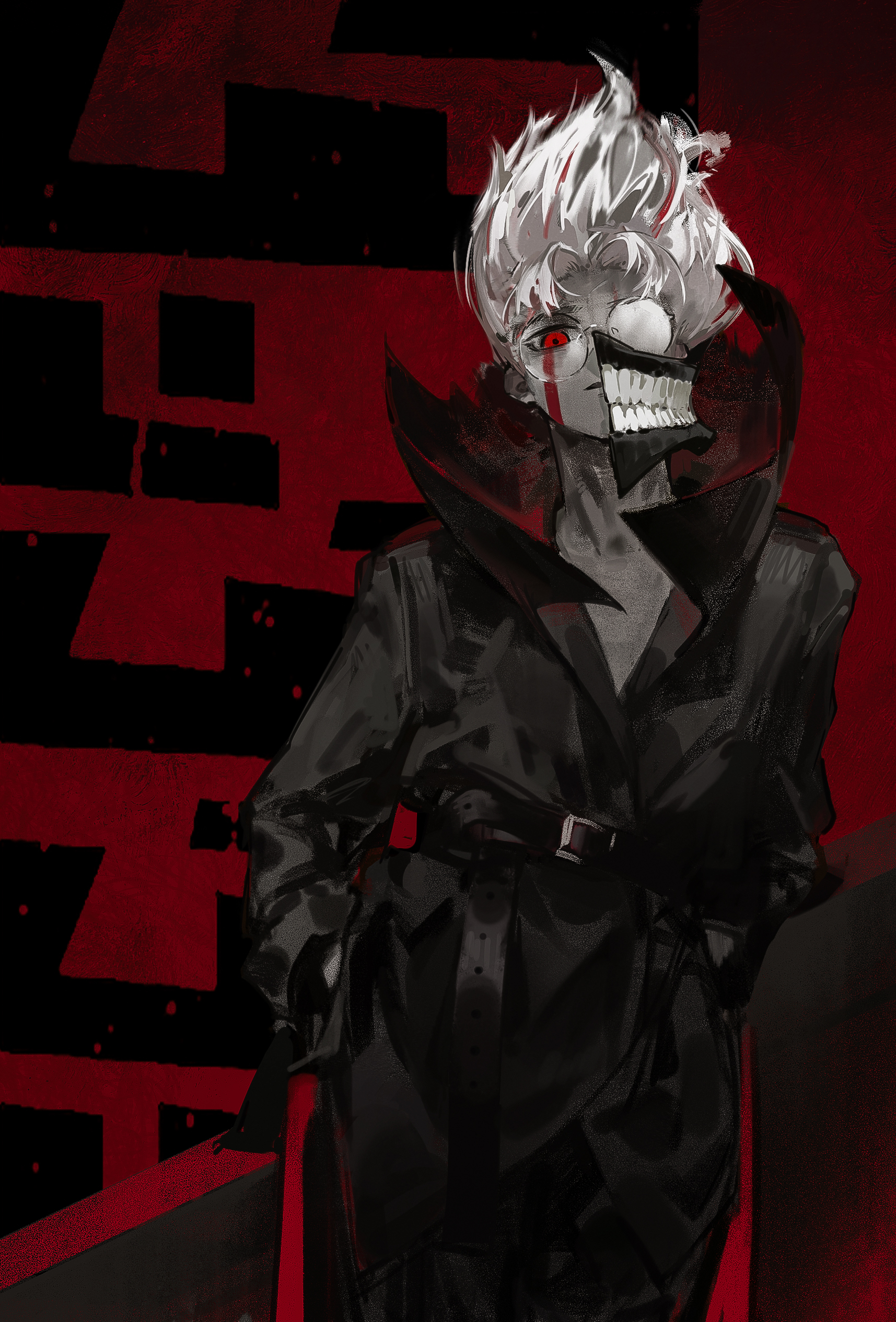 this is a digital art drawing of an anime character. the character has white hair, red eyes, and a half skull on the right side of their face. they are wearing a black cloak or coat, a black belt with a metal buckle, and have a black and white color scheme. they are standing in front of a red background with black shapes on it. their pose and expression seem mysterious.
