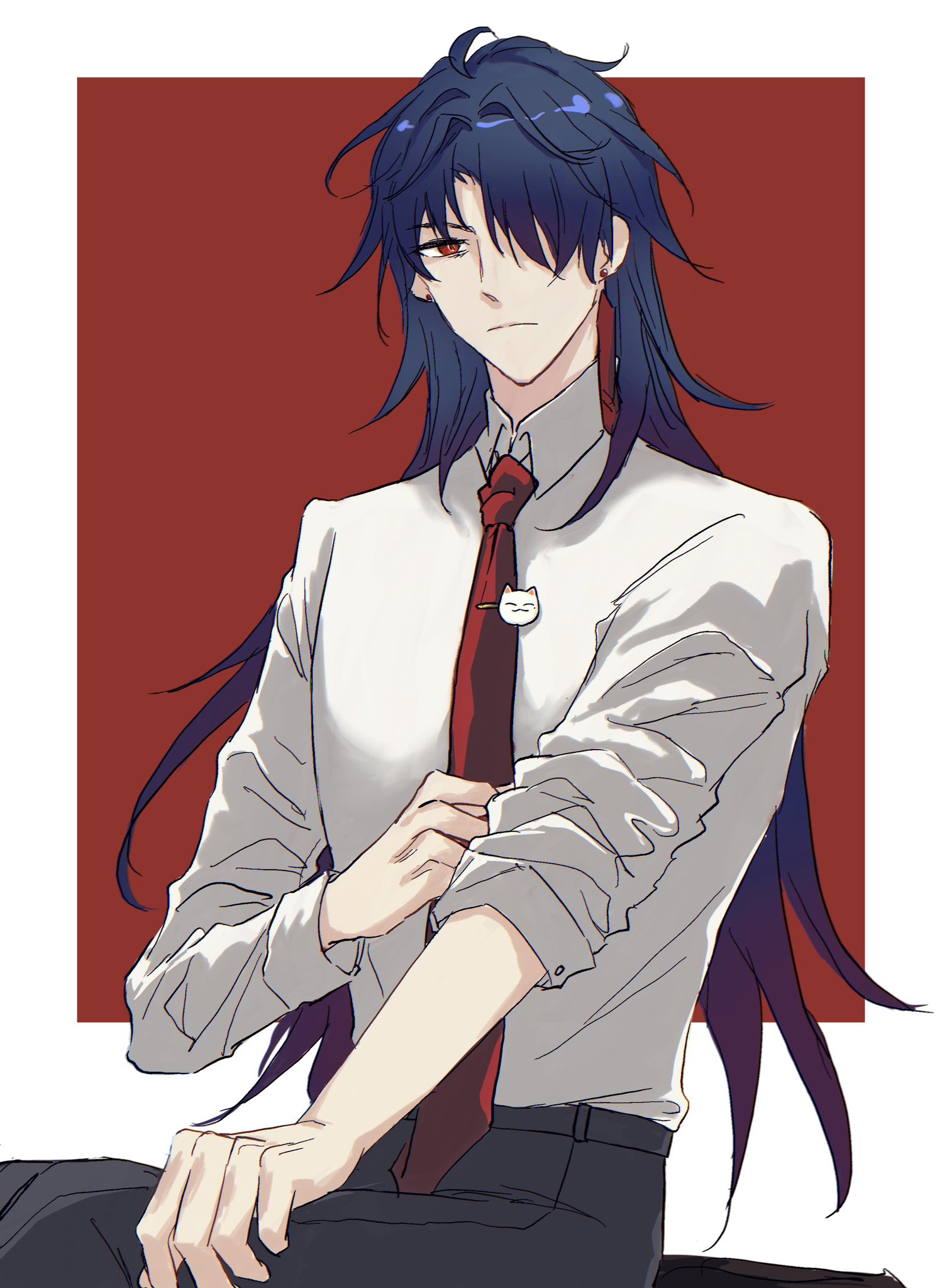 this image features an anime male character with long blue hair. he is wearing a white shirt with a red tie, and he's sitting down with his hand on his sleeve. the background is red. the character has a serious expression on his face.