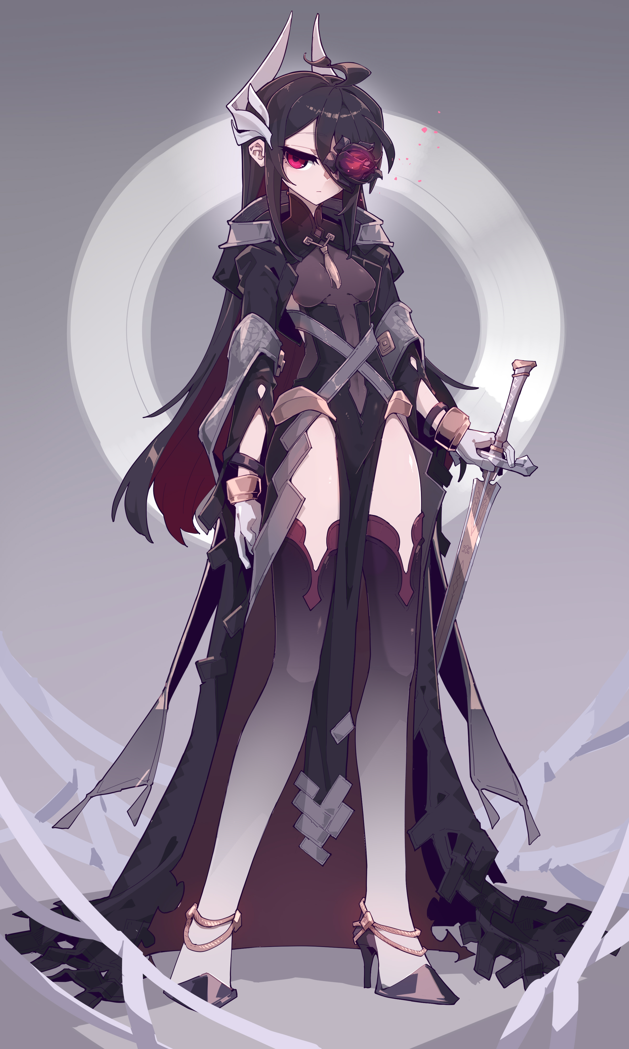 a fullbody digital drawing of an anime woman with long black hair, wearing a black dress, heels, and armor. she has a cybernetic eye and is holding a sword. the background features a light grey circle.