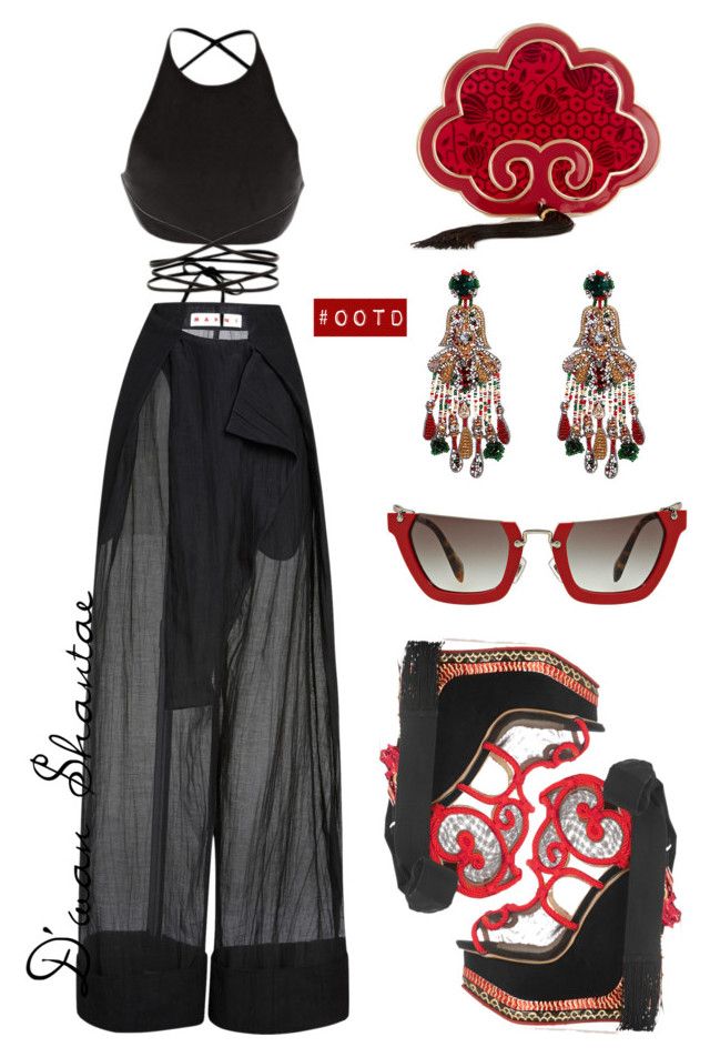the image is a fashion collage of women's clothing and accessories. the outfit consists of a black halter top with wrap detailing, wideleg palazzo pants with chiffon overlay, embellished chandelier earrings, redframed sunglasses, high platform heels with red and black details, and a red cloudshaped hair accessory.