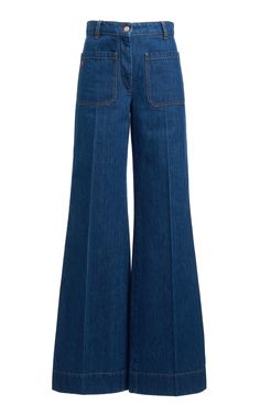 a pair of women's blue denim wideleg pants with high waist and bell bottoms. they have a classic, retro look.