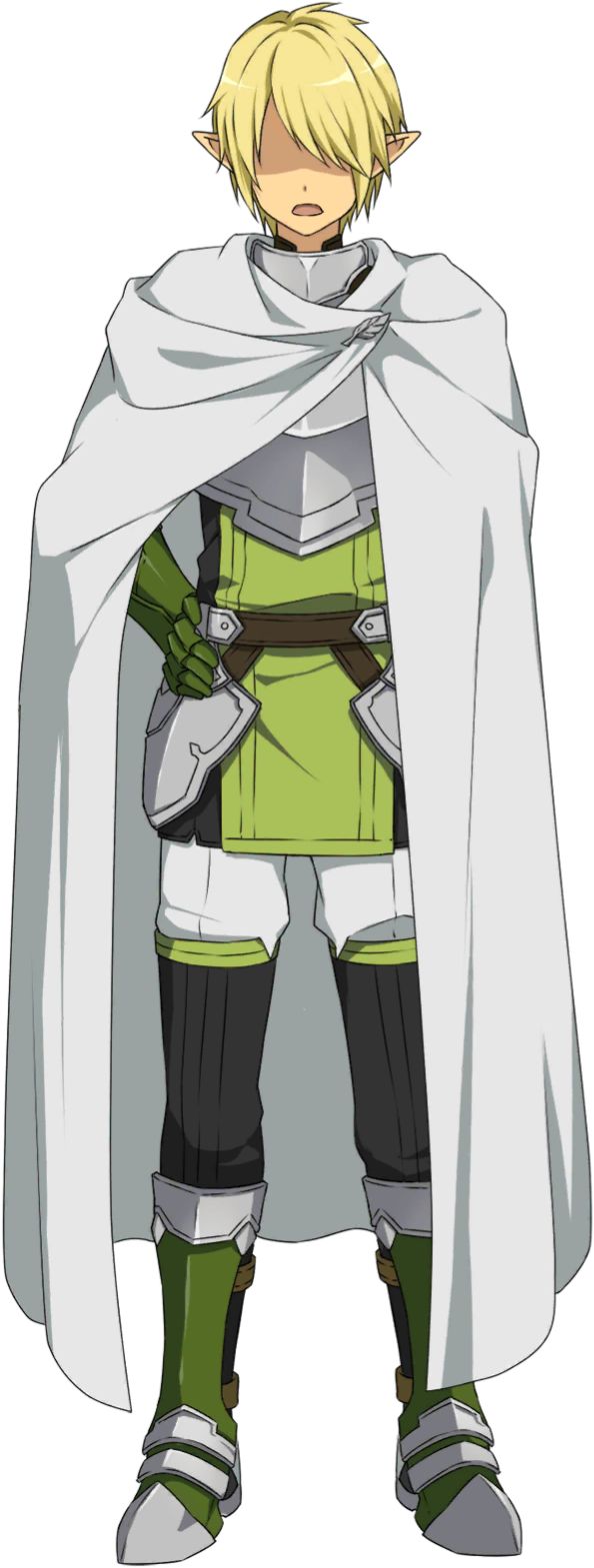 this is a digital illustration of a male anime character from the series sword art online. he has blonde hair and green eyes, and he is wearing a white cloak over armor. the character is holding a sword, but it is not visible. he appears to be in a fighting stance.