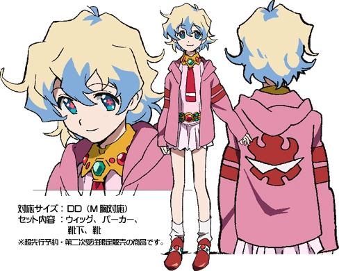the image features an anime girl character with blonde and blue hair. she is wearing a pink jacket with red stripes, a white skirt and red shoes. there is a design on the back of her jacket. the artwork is stylized in an anime fashion.