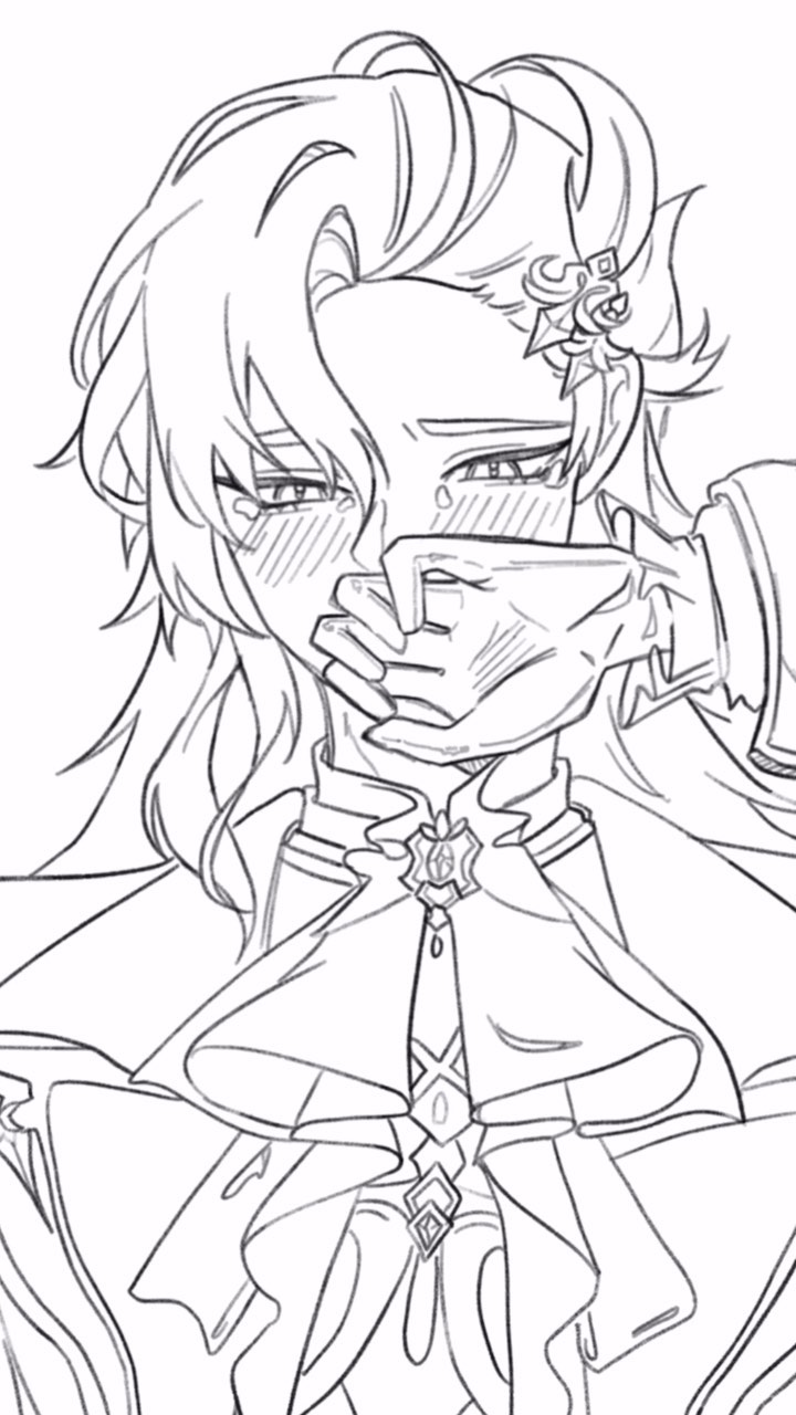 a line drawing of an animestyle boy with long, wavy hair, crying and covering his face with his hands. he is wearing a collared shirt and a long coat. the style is reminiscent of anime or manga artwork, and it's likely fanart due to the style and the possible reference to a character from genshin impact.  the image is a sketch, showing lines and shading to give it depth, but without full coloring. the focus is on the character's emotional expression.