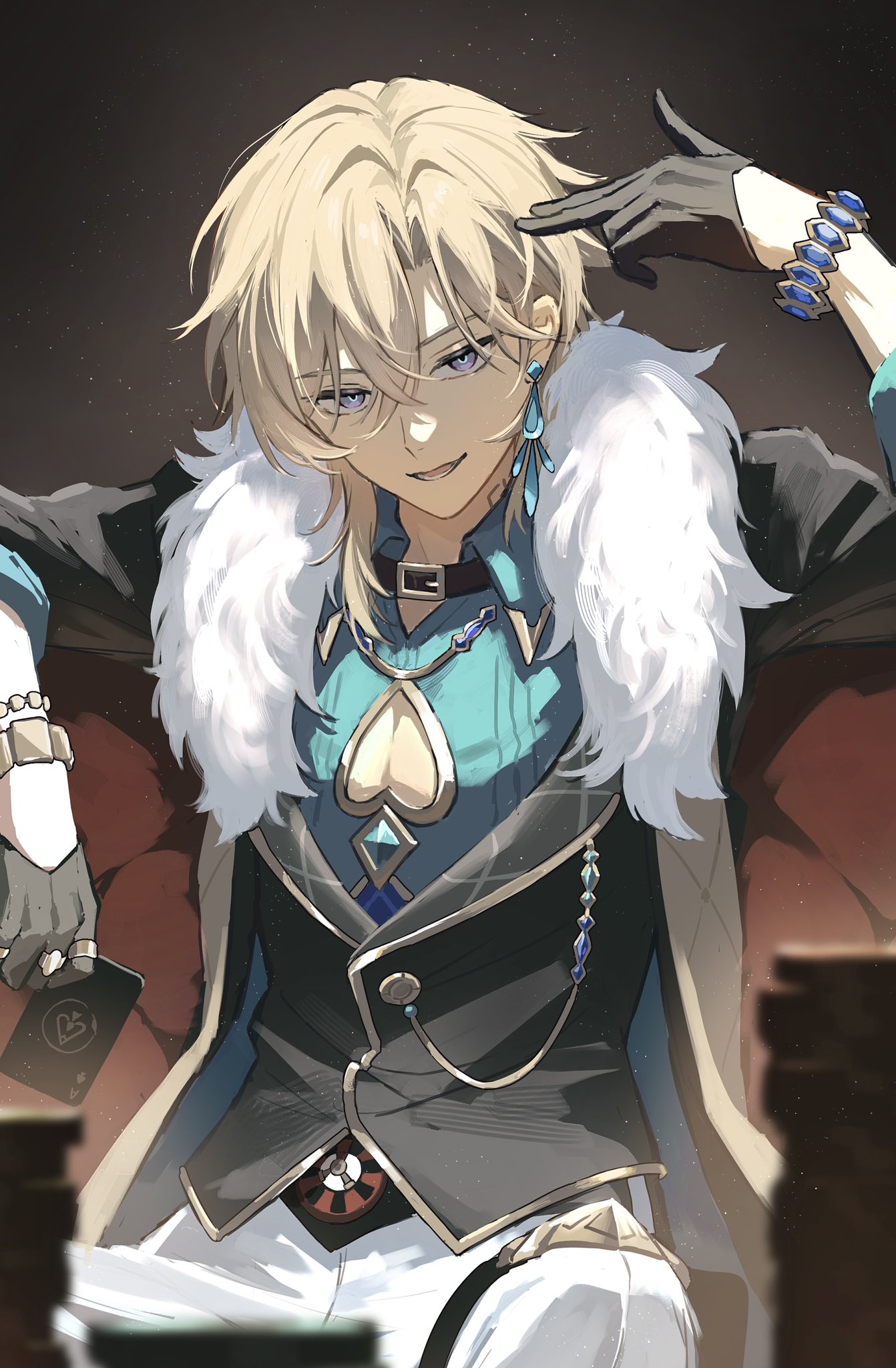 the image is a digital fan art illustration of an animestyle male character. he has shoulderlength blonde hair, purple eyes, and is dressed in an elegant outfit consisting of a dark grey vest over a teal shirt with a spade design, a large white fur collar, and white pants. he's accessorized with several pieces of jewelry, including earrings and bracelets, and wears black gloves. he's holding a playing card and has a slightly smug or mischievous expression, suggesting he might be a gambler. the background is dark and blurry, drawing attention to the character. the art style is detailed and polished, typical of highquality anime or manga fan art.  the overall impression is one of sophistication and perhaps a hint of arrogance or confidence.