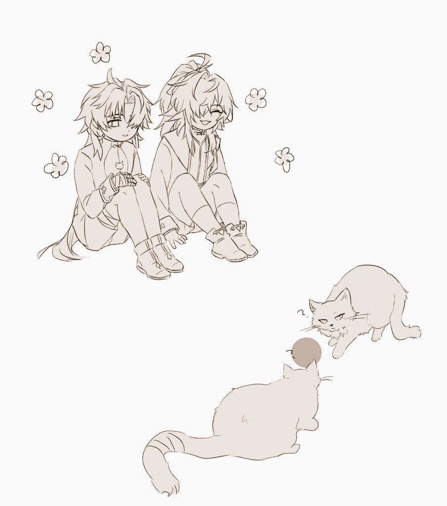 this is a black and white line art drawing of two anime characters, a girl and a boy, sitting down looking at a cat that is playing with a ball. the girl has long hair and is wearing a longsleeved shirt and pants. the boy has short hair and is wearing a shirt and pants. the cat is sitting in front of them, with a toy ball in its mouth. the image is set against a white background.