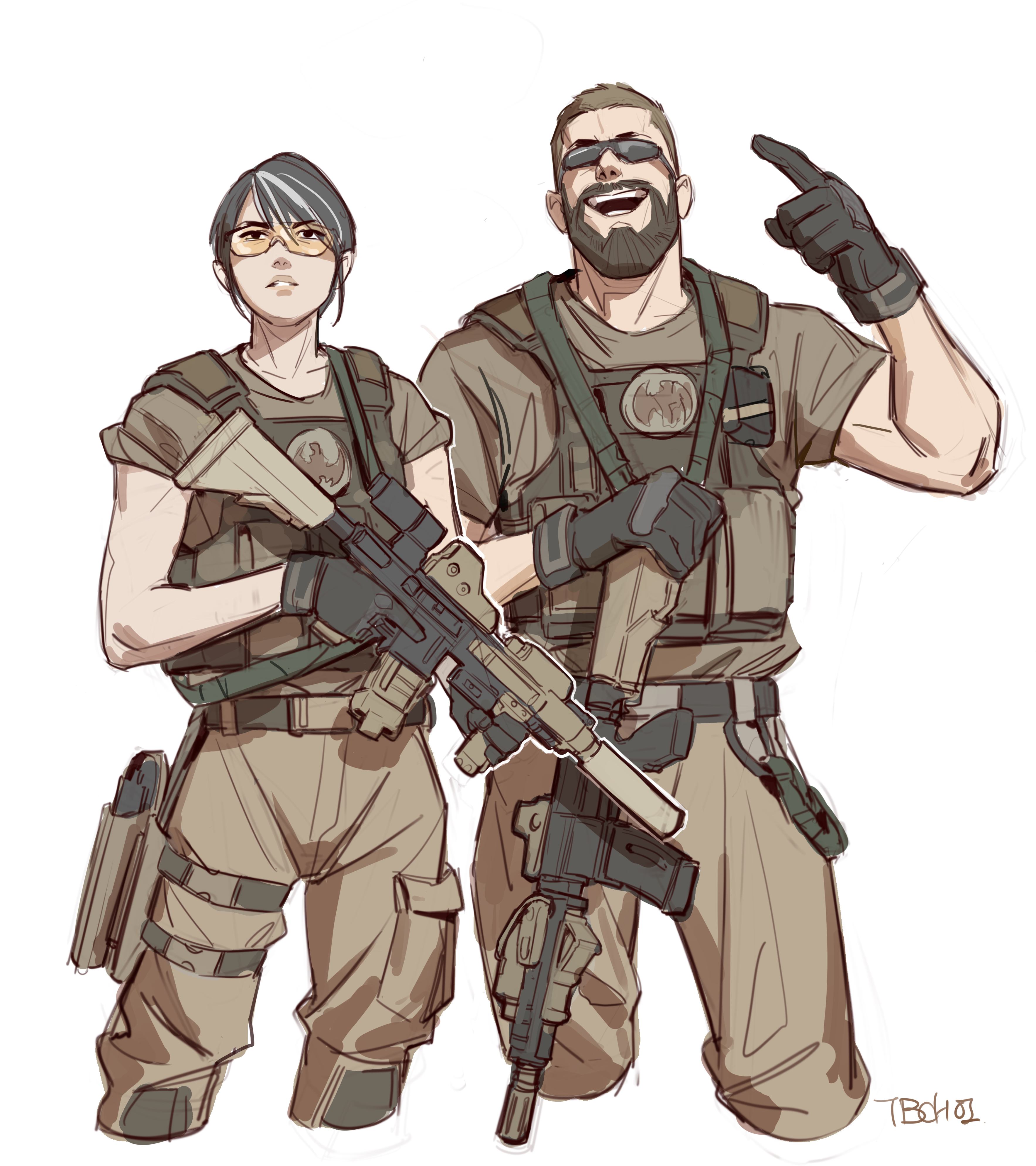the illustration depicts two soldiers, a man and a woman, in tan military uniforms and tactical gear.  they are both armed with assault rifles. the woman has short dark hair and is wearing glasses,  appearing serious. the man has a beard, sunglasses, and a more relaxed, almost jovial expression,  one hand raised in a gesture that could be interpreted as playful or boastful. both soldiers are wearing vests with what appears to be a similar insignia on them. the art style is a casual, slightly rougharoundtheedges digital drawing with comicstyle linework and muted colours. the background is plain white, focusing the attention on the characters.