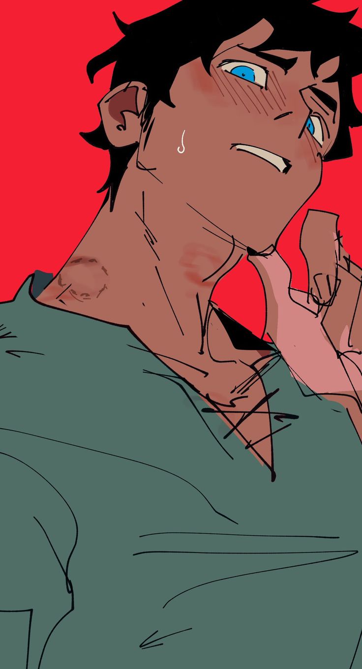 loseup illustration of a young man with dark hair and blue eyes. he is blushing, and has several love bites or kisses on his neck. he is wearing a teal shirt and is smiling happily. the background is a solid red color. the style of the art is vibrant and detailed.