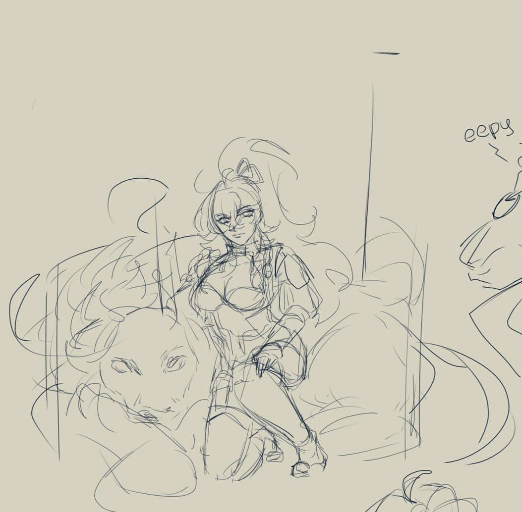 this is a digital sketch of an anime girl sitting on a thronelike seat. the character is drawn in a simple style with minimal detail.  she has long hair, and is wearing a jacket with a lowcut top.  she is sitting on a large, furry, creature with a crownlike head. there is another character in the background, and the phrase "eep" is written to the right.  the drawing seems to be in an early stage of development.