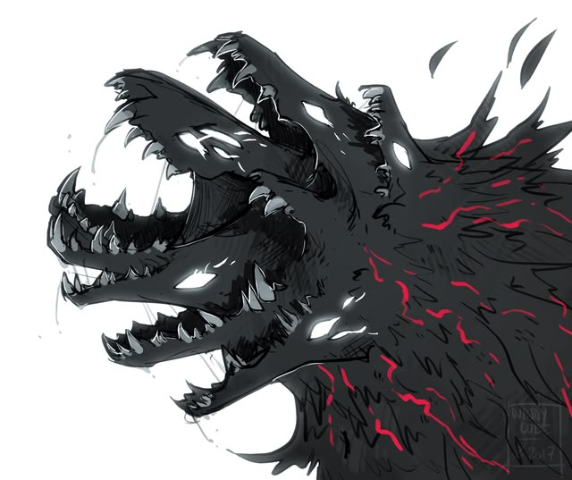 an illustration of cerberus, a threeheaded dog with black fur, red markings, and glowing white eyes. the creature has its mouths open, revealing sharp teeth, and appears aggressive. it is a fantasy monster, a hellhound from mythology.