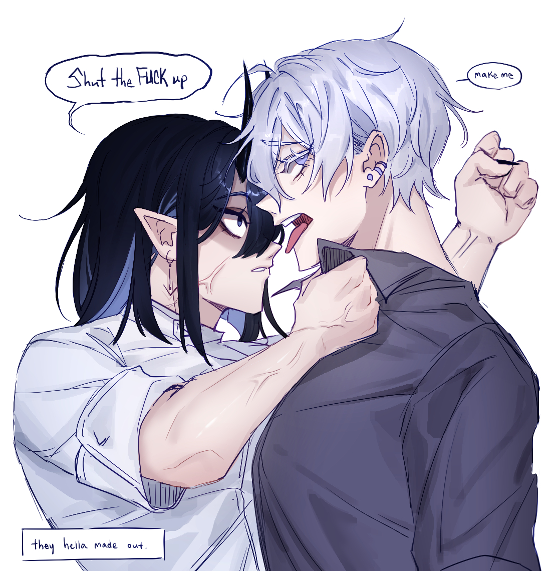the image shows two anime characters.  one has dark hair and a white collared shirt, the other has