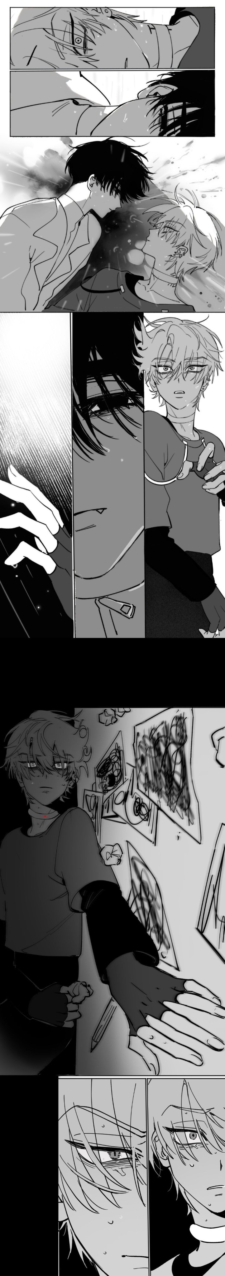 this is a black and white manga illustration, depicting a series of panels that tells a story through the facial expressions and actions of the male characters. the illustration is emotionally charged, using heavy shadows and light to emphasize the characters' sadness and despair. the story seems to focus on the themes of loss, grief, and loneliness, with the characters appearing to be in pain and anguish.