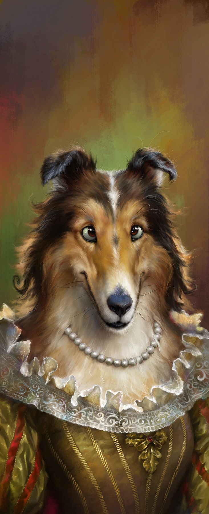 a portrait of a collie dog wearing a pearl necklace and a fancy, aristocraticstyle dress. the dog has a regal and composed expression. the background is a blurred mix of colors.