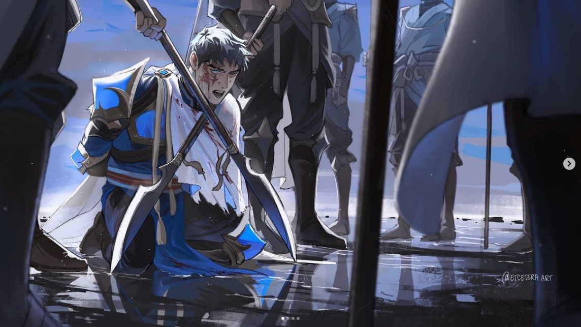 the image depicts a fallen warrior kneeling on a muddy battlefield, his armor torn and his face marked with a bloody wound. he clutches a broken spear, his expression a mixture of pain and despair. silhouettes of figures, presumably his former comrades, stand over him, their backs turned as if in judgment or betrayal. the scene is dramatically lit, emphasizing the fallen warrior's isolation and the weight of his defeat. the low camera angle adds to the sense of powerlessness, while the water reflection on the ground creates an eerie and melancholic atmosphere.