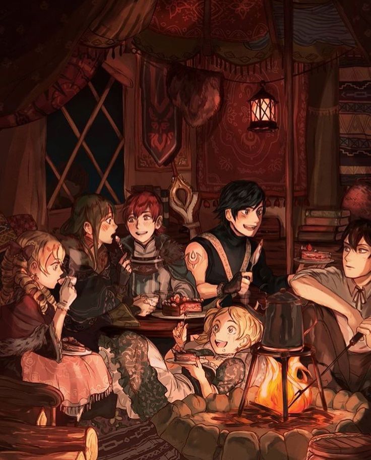 the illustration depicts a group of young adults, possibly characters from a fantasy game or anime, gathered around a campfire inside a richly decorated tent. the scene is warm and cozy, illuminated by the firelight and a hanging lantern. the characters are enjoying cake and conversation. the art style is reminiscent of fantasy book illustrations or concept art with detailed settings and characters.  the color palette is dark and rich, enhancing the warm and intimate atmosphere.  the overall mood is peaceful and inviting.
