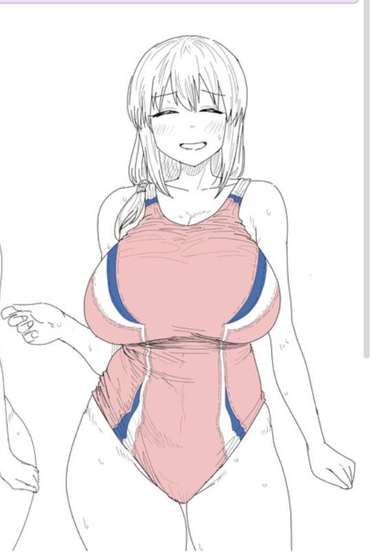 an animestyle drawing of a woman in a pink onepiece swimsuit with blue accents. she is smiling and appears to be sweating. the sketch is simple and highlights her large breasts.