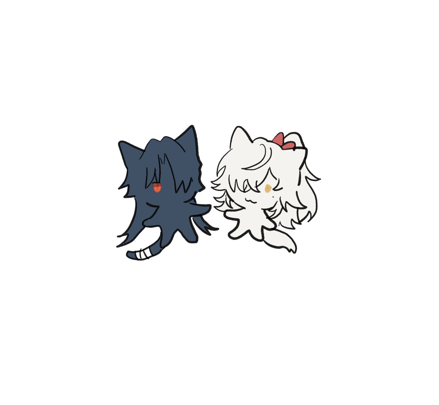 two cartoon cats are holding hands, one is black and the other is white. the black cat has a bandage on its paw. the white cat has a red bow on its head. the background is white.