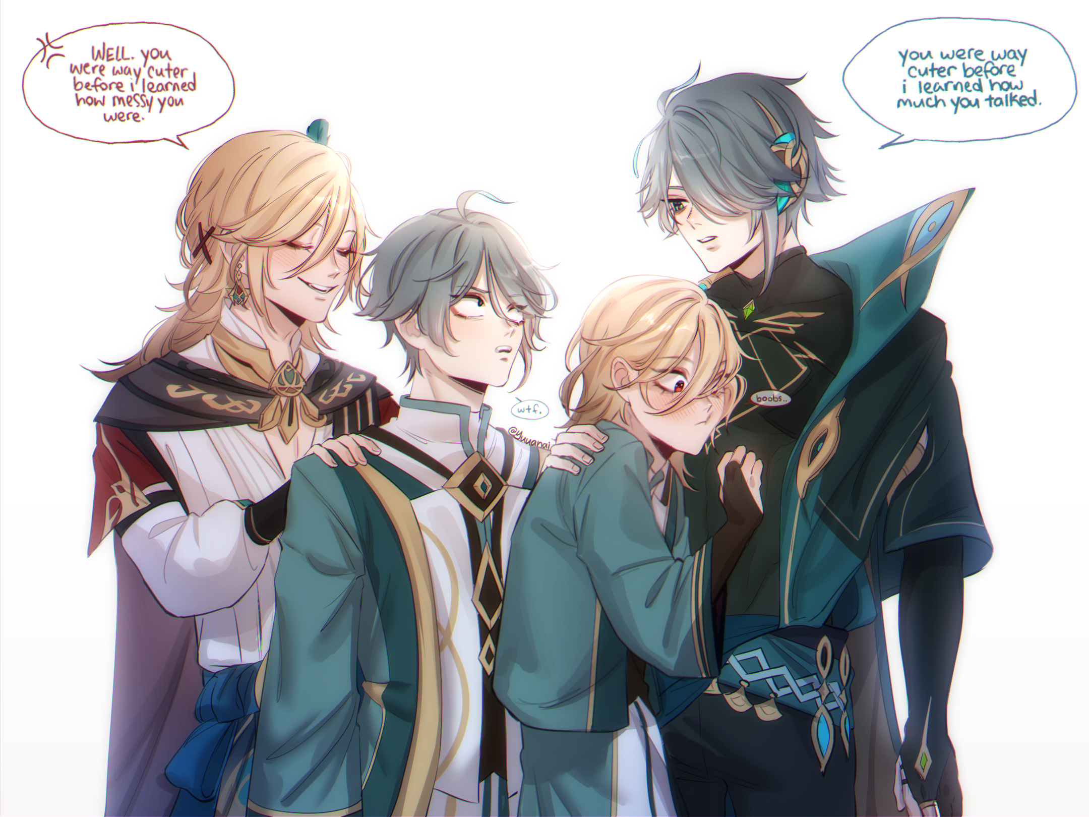 this is a fan art of 4 anime boys with different hair colors and outfits standing together and talking. the boy in the middle with teal hair is being touched by the boy with the blonde hair.  they are all surrounded by speech bubbles with their conversation in it. the artwork is very detailed and the characters have very distinct expressions.