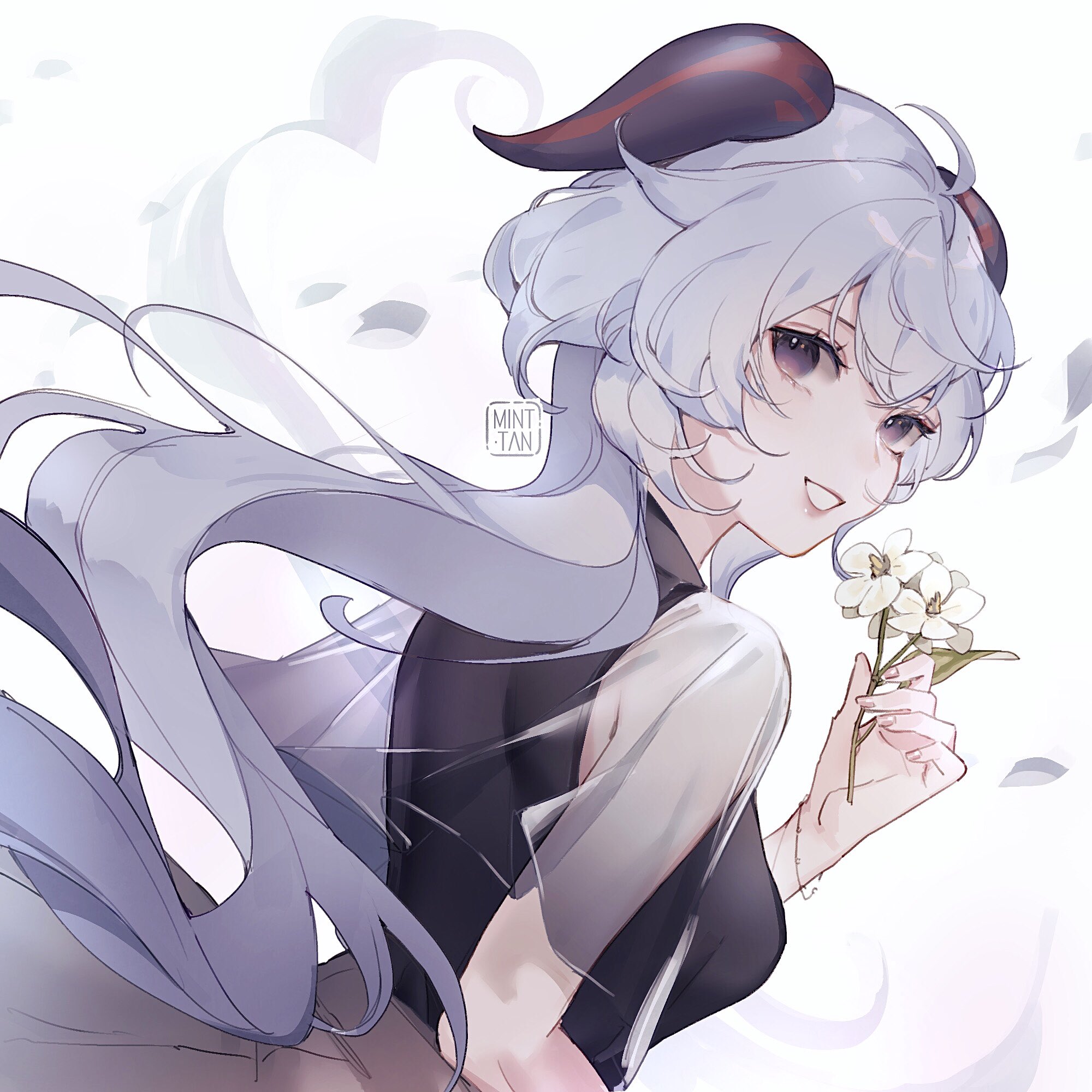 a digital illustration of a cute anime girl with white hair and black horns. she's wearing a black dress and holding a bouquet of white flowers. she's smiling and looks happy. the artwork is set against a light background and has a magical and artistic feel.