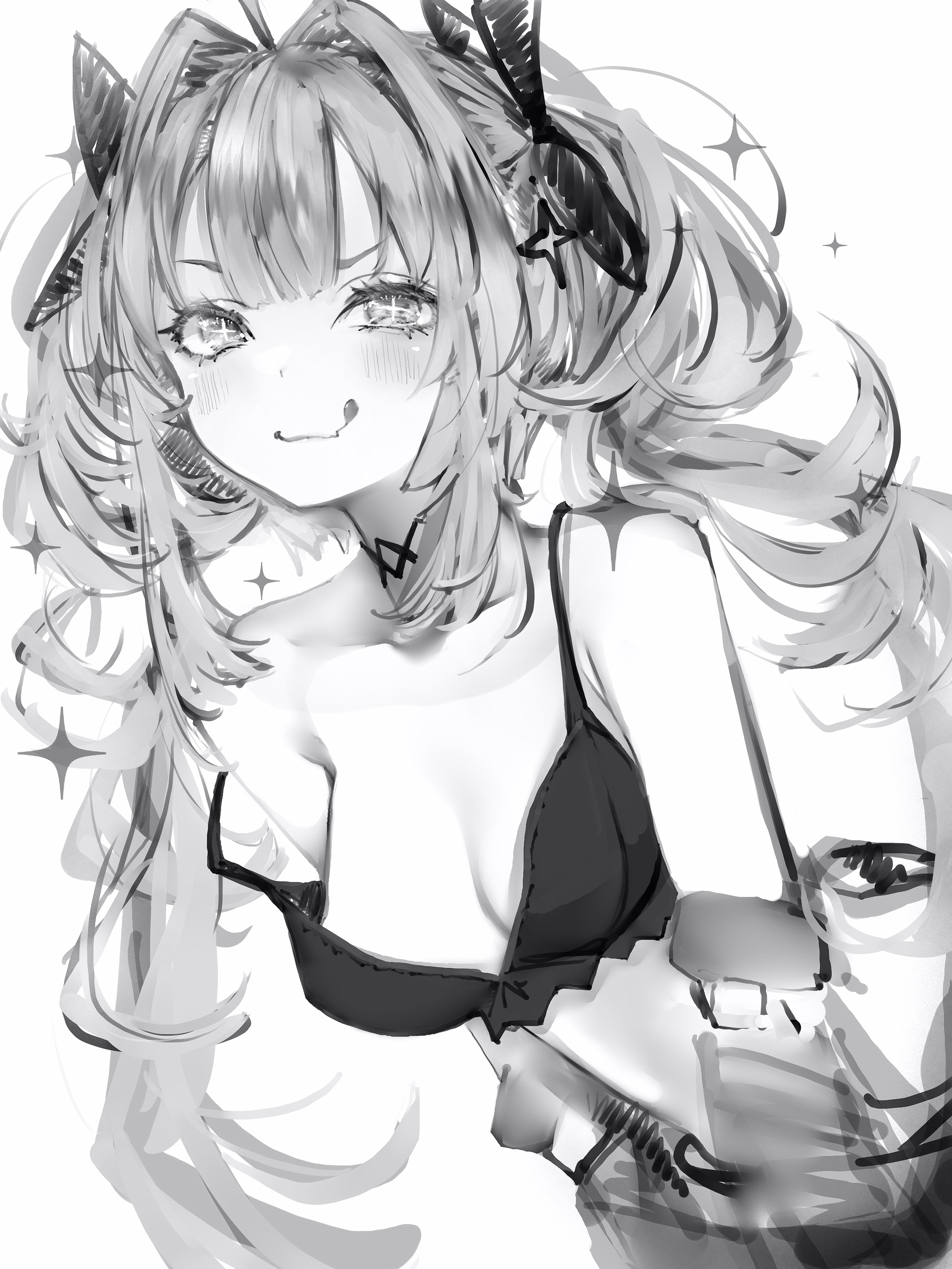 the image is a black and white digital drawing of an animestyle girl. she has long, wavy hair with bangs that partially obscure her face. she is wearing a black bra and appears to have a playful expression on her face. the style is loose and sketchy, with soft shading and a focus on the character's expression and features. the background is plain white, making the girl the focal point of the image. the overall feeling is one of playfulness and mild sensuality.