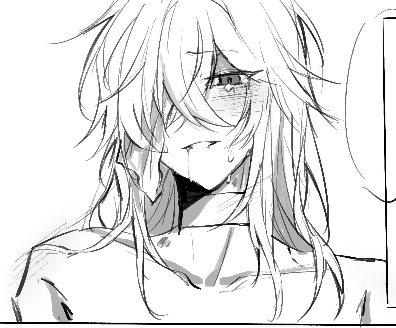 this is a black and white drawing of an anime girl with long hair. she is crying with her head tilted down. she appears very sad and distressed. the drawing is very detailed and expressive, showcasing the girl's emotional state.