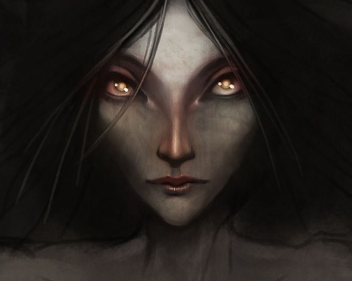 a digital painting of a woman with pale skin, dark hair, and glowing golden eyes. she has a long face, a prominent nose, and her expression is mysterious and perhaps a bit unsettling. her dark hair falls around her face, framing it and partially obscuring her shoulders. the overall mood is dark and fantastical.
