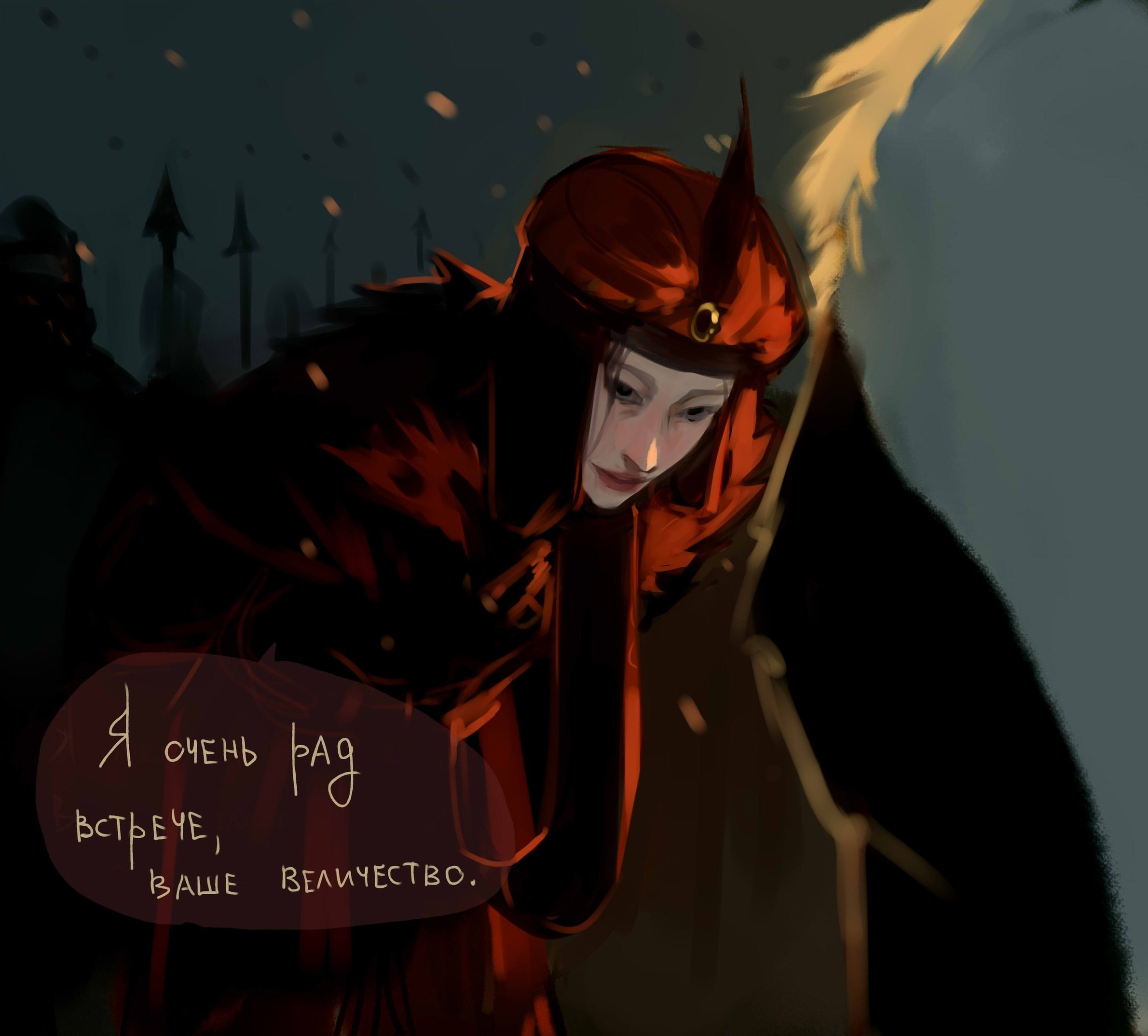 a digital artwork in a limited color palette shows the head and shoulders of a woman looking down with a sorrowful expression.  she has pale skin and wears a red pointed hat with a white band. her red cape has a high collar and covers most of her. the background is dark with white flecks, possibly of snow.