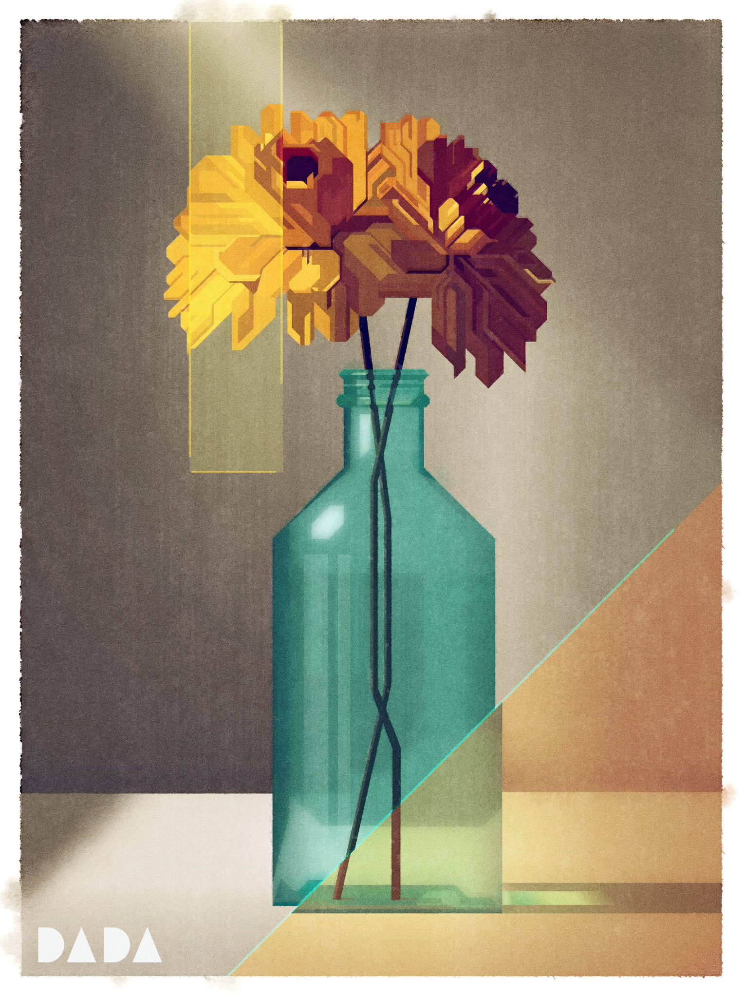 a digital art piece depicting a still life of abstract, geometric flowers in a turquoise vase. the flowers are yellow and brown. the art style is reminiscent of cubism with a vintage or retro aesthetic. the background has geometric shapes and the bottom left corner has the word "dada".