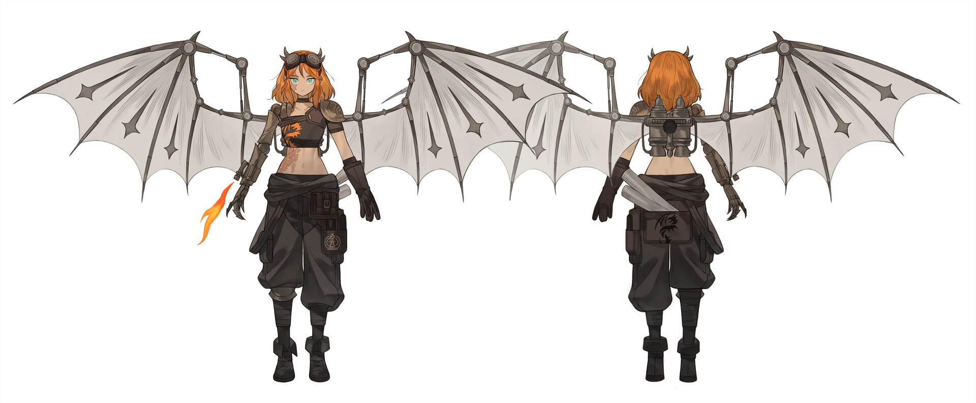 a front and back view of a female character with mechanical dragon wings. she has orange hair and is wearing goggles, a crop top, baggy pants with a belt, and arm guards. her left hand is engulfed in flames. she appears to have a metal spine and a device on her back.