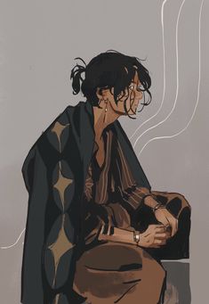 the image is a digital illustration or painting of a young woman sitting. the background is a plain grey with stylized white smoke or steam curling upwards to the right. the woman is dressed in warm earth tone clothes. she has on a long, dark  teal shirt or dress with gold patterning. over that, she wears a dark brown jacket or overshirt.  she sits facing slightly right with her knees together, her hands folded in her lap.  her expression is contemplative. her dark hair is pulled back in a loose bun, with a few loose strands framing her face. she wears a single, small earring in her right ear and a watch on her left wrist.