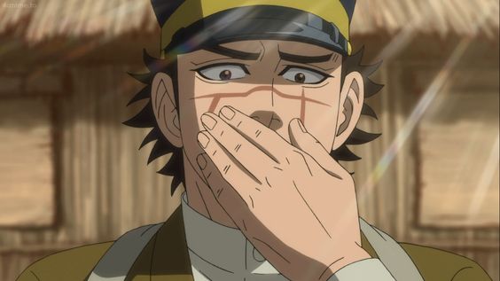 a closeup shot of an anime man with a pained expression. he has dark hair and is wearing a militarystyle hat with a gold band and a tan and green uniform. he is covering his mouth with his hand, and there appear to be red markings on his face. the background suggests a simple outdoor setting, possibly with thatched roofs. the lighting is bright and natural.