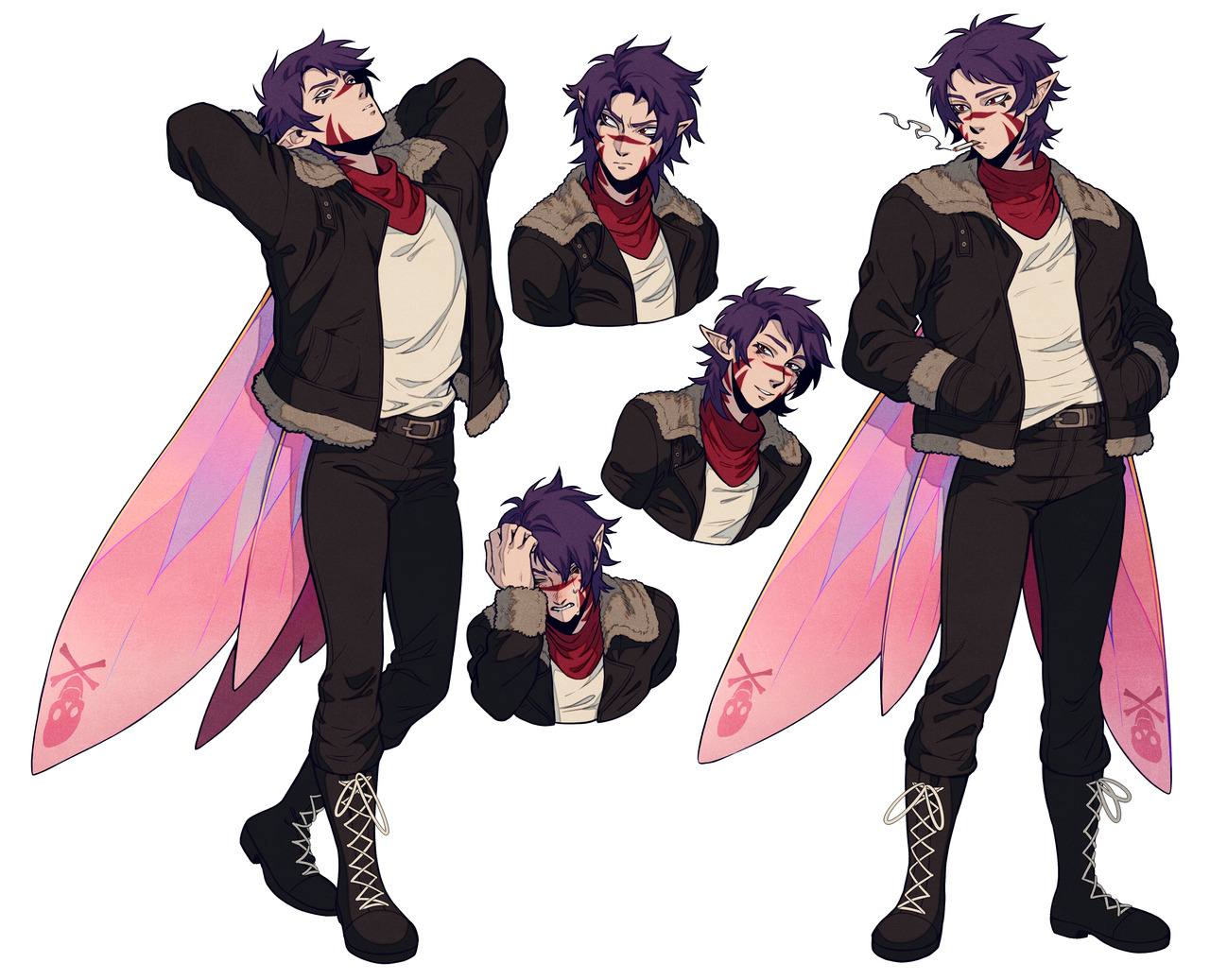 a character design sheet shows a young adult male fairy with purple hair, grey skin and markings on his face, wearing a white shirt, black pants, a brown bomber jacket, and black boots. he has large, iridescent pink and purple wings with a skull marking. the design sheet shows the character in different poses and with different facial expressions, including one where he is smoking a cigarette.
