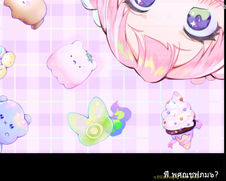 the image features a closeup illustration of an anime girl with large, expressive eyes, framed against a backdrop of pastel pink and purple checkered patterns. the girl's vibrant pink hair cascades downwards, partially obscuring her face.  scattered around her are various kawaiistyle drawings of sweets and cute creatures, further emphasizing the playful and whimsical atmosphere. the perspective is from below, creating a sense of intimacy and drawing the viewer into the girl's world.