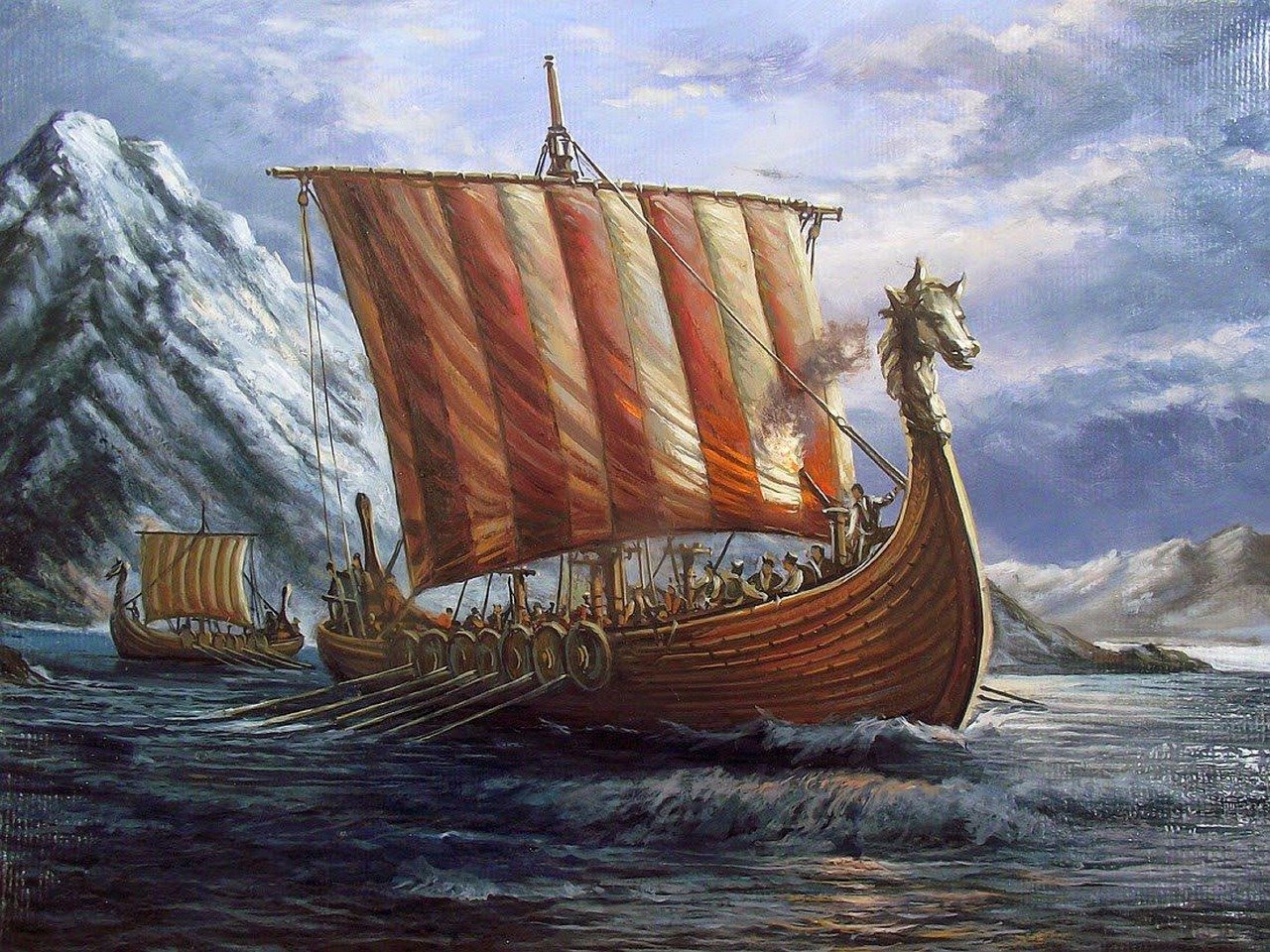 the image is a painting depicting a scene from the viking age. a large viking longboat, adorned with a dragonhead prow, is sailing on a choppy sea. the ship is filled with warriors and has a striped red and white sail. a smaller viking ship sails behind it. in the background are mountains and cloudy skies. the painting captures the essence of viking naval exploration and warfare.
