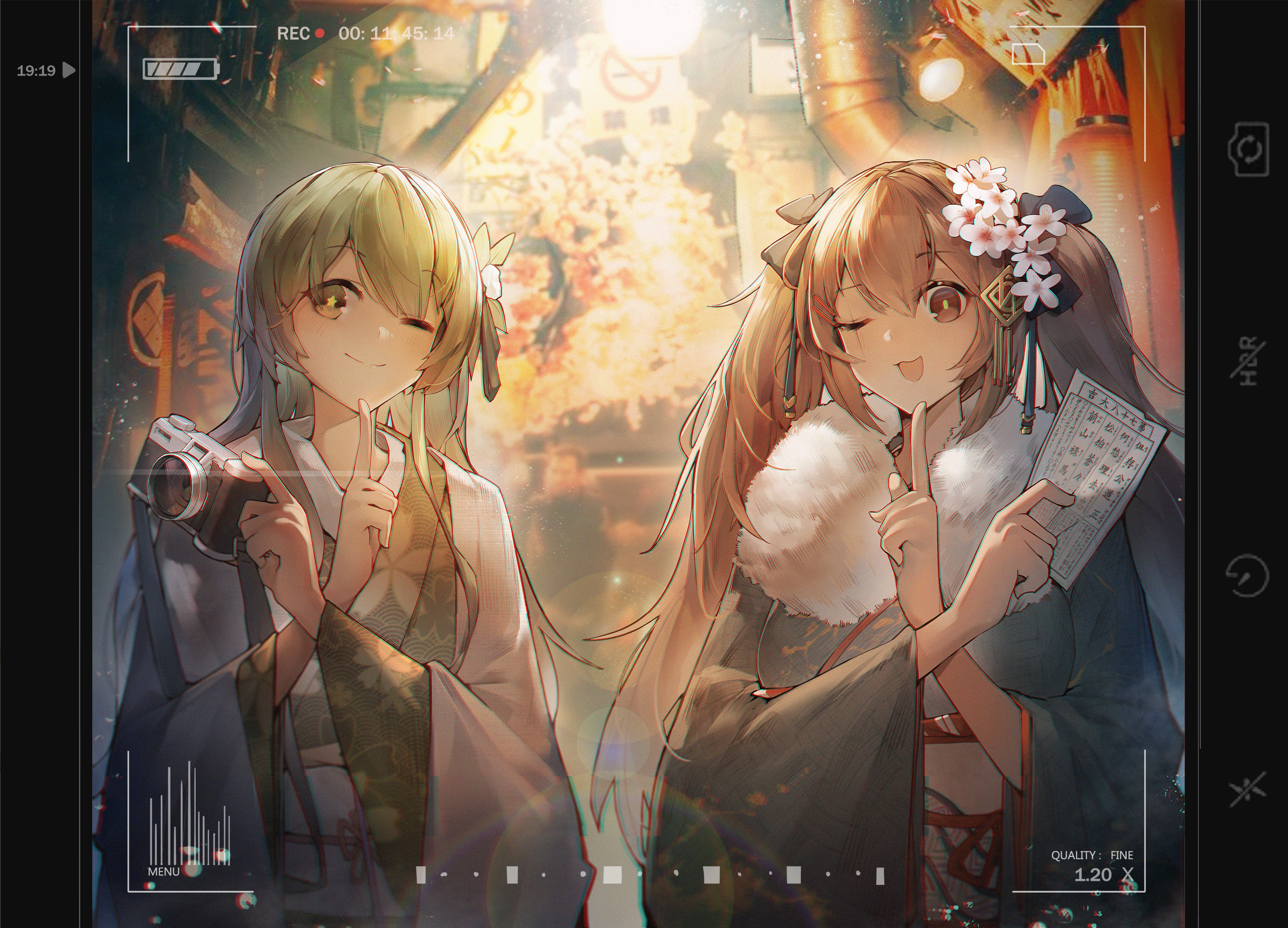 the image is a digital illustration featuring two anime girls dressed in kimonos.  one girl has light green hair and is holding a vintagestyle camera, seemingly taking a picture. the other girl has long light brown hair adorned with cherry blossoms and is holding a piece of paper, possibly a ticket or map. both girls are wearing winterappropriate clothing including a fur trim on one girl's kimono.  they are positioned against a backdrop of a nighttime japanese city scene with temple or shrinelike structures and cherry blossoms, suggesting a winter festival setting.  the entire image is framed as if it were captured from a camera viewfinder, complete with digital recording data overlay.