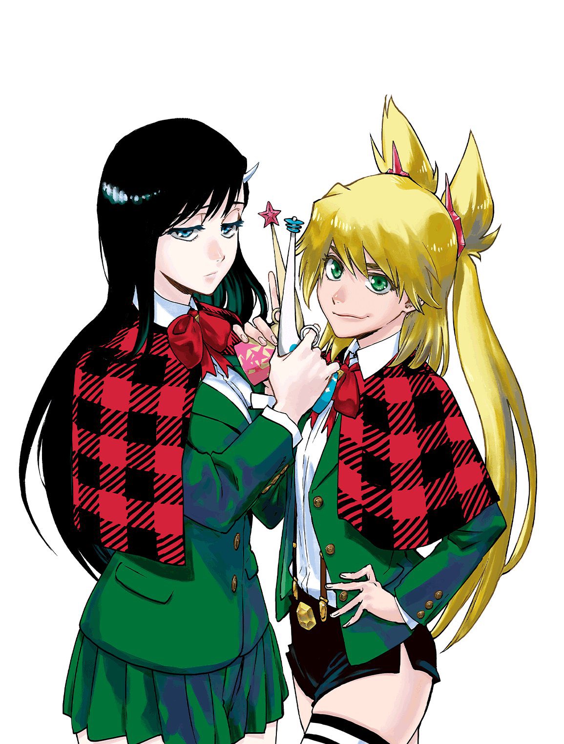 two anime girls in school uniforms with plaid capes. the girl on the left has long black hair with green and black plaid cape and is wearing a green and black school uniform.  she is looking down at the girl on the right who has blonde hair with a red and black plaid cape and is wearing a green and black school uniform. the girl on the right is smiling and holding scissors.