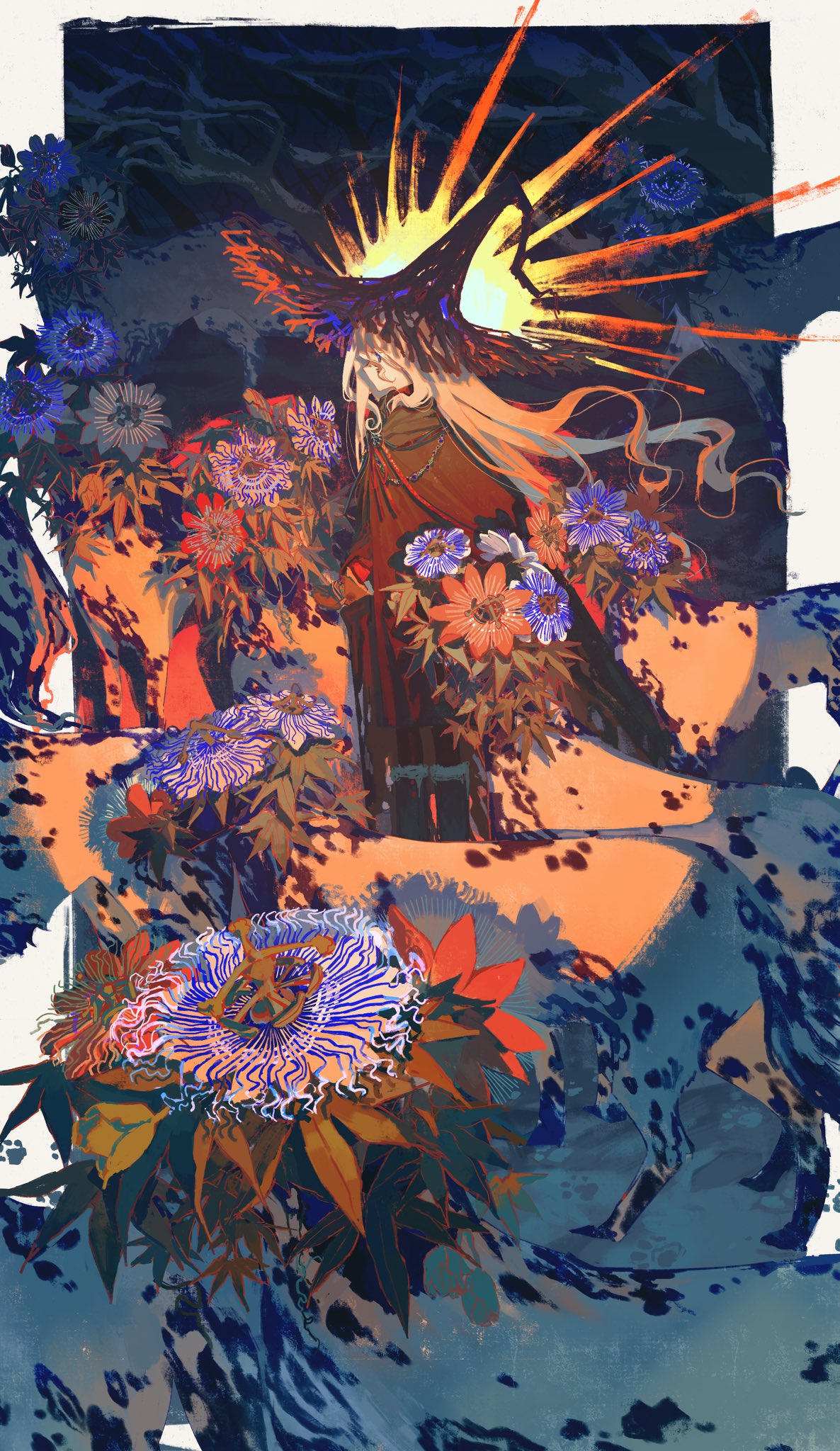 this digital art illustration depicts a mystical, ethereal scene. a woman with long, flowing hair stands amidst a sea of passionflowers. she wears a crown made of thorns, and the light of a glowing halo illuminates her face. the background is a mix of dark and light colors, with swirls of blue and orange. the overall effect is one of magic and wonder. the woman’s posture is regal and confident, yet she has an almost ethereal quality about her. the passionflowers are symbolic of passion and love, and the thorns on the crown suggest that beauty and strength are often intertwined. the background of the art is swirling, as if it is a mix of both reality and dreams. this art is an example of the genre of fantasy art. it is full of imagination and invites the viewer to consider their own relationship with the world.